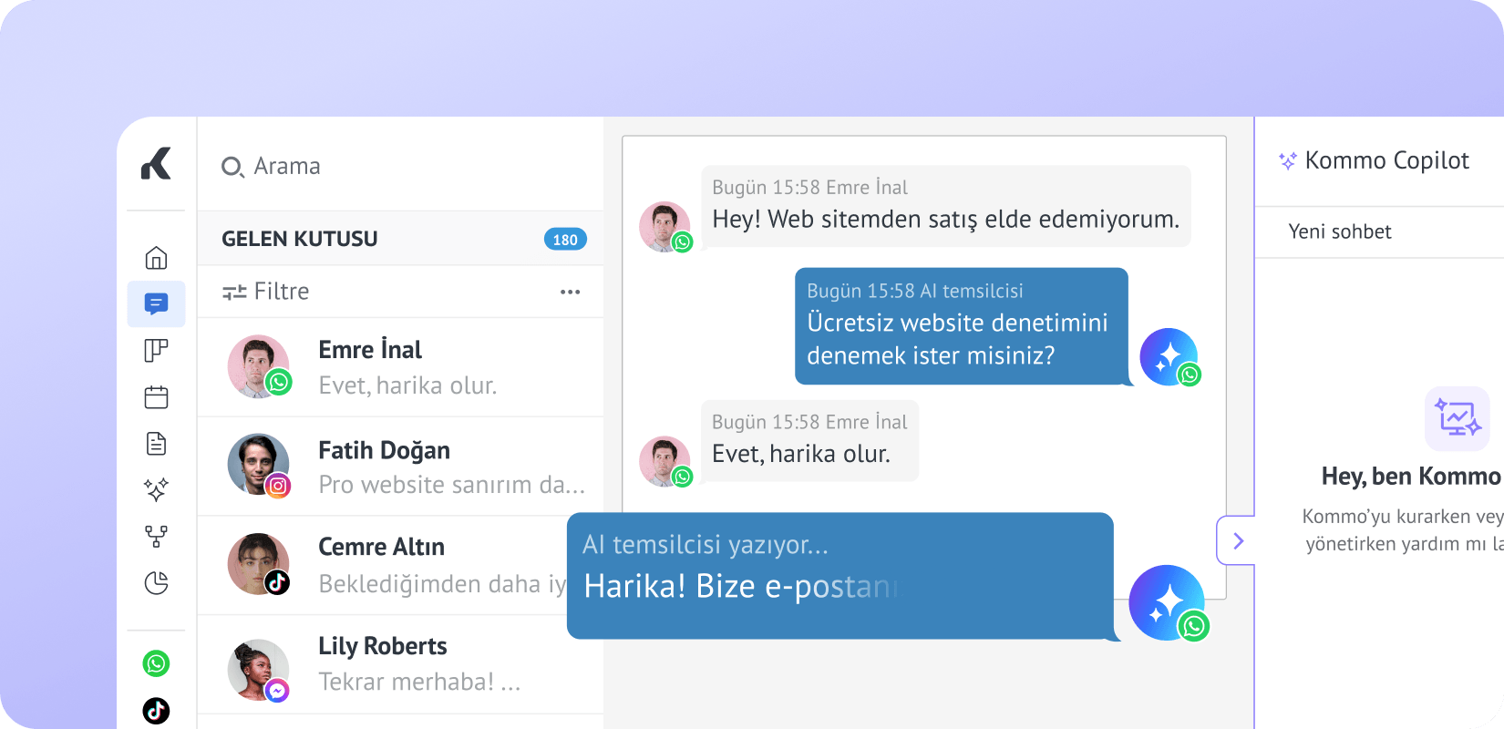 Kommo sohbet gelen kutusu ve AI